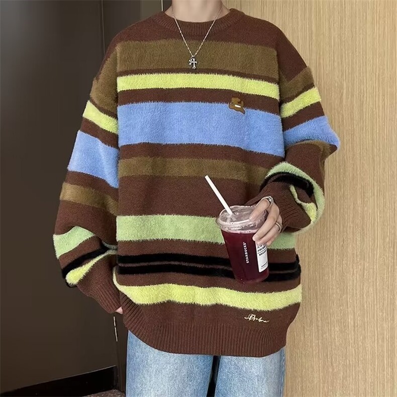 日系复古条纹针织衫男生秋季潮ins宽松情侣针织衫M5576P55,男装针织衫/毛衣,星座1116-2