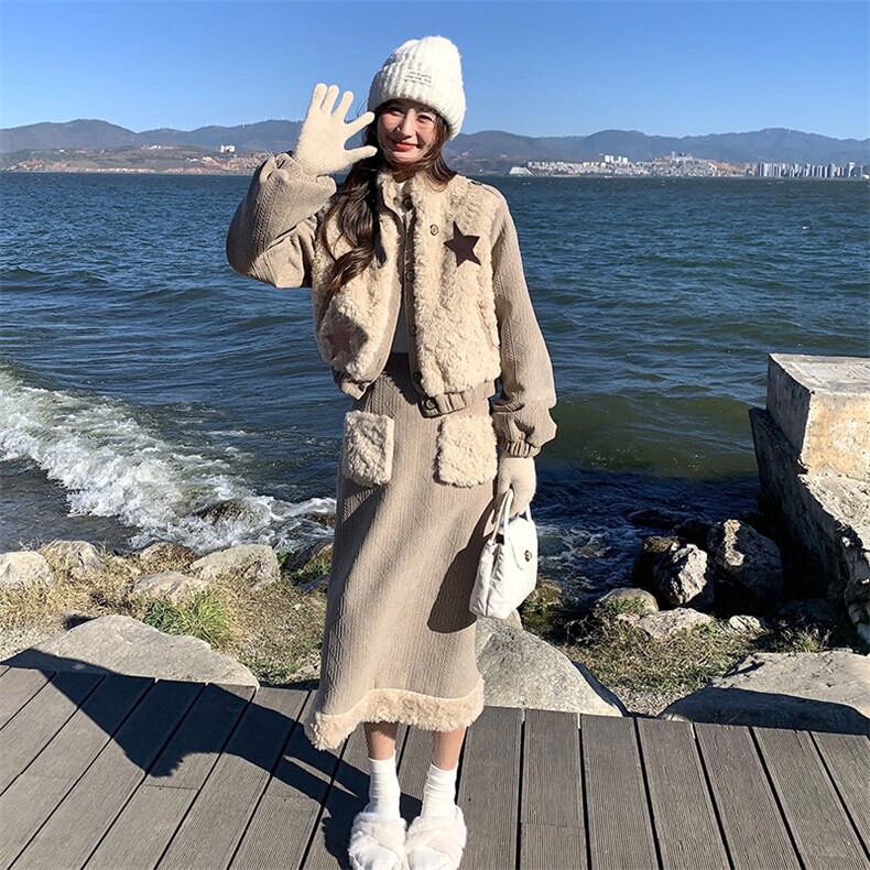 小香风仿皮毛一体羊羔毛短外套半身裙套装两件套女秋冬2025新款,女装套装/套裙,2C230