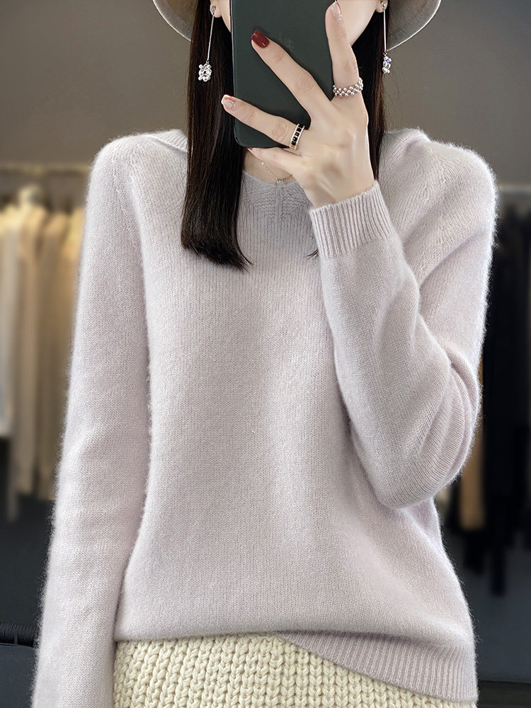v领新款针织女长袖纯色简约百搭宽松套头连帽,针织衫/毛衣,戎洋