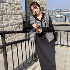 小香风条纹针织连衣裙女春秋2025新款马甲套装裙轻熟风爆款流行，女装套装/套裙，2D078