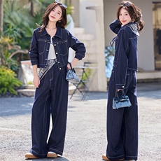 港风复古牛仔套装女2025春新款时尚流行酷飒拽姐穿搭阔腿裤两件套，女装套装/套裙，雅静靓衣