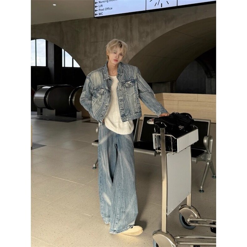 水洗牛仔套装垫肩夹克外套牛仔裤KZ66裤子特P63JK67外套特P83,男装牛仔裤,星座908-1
