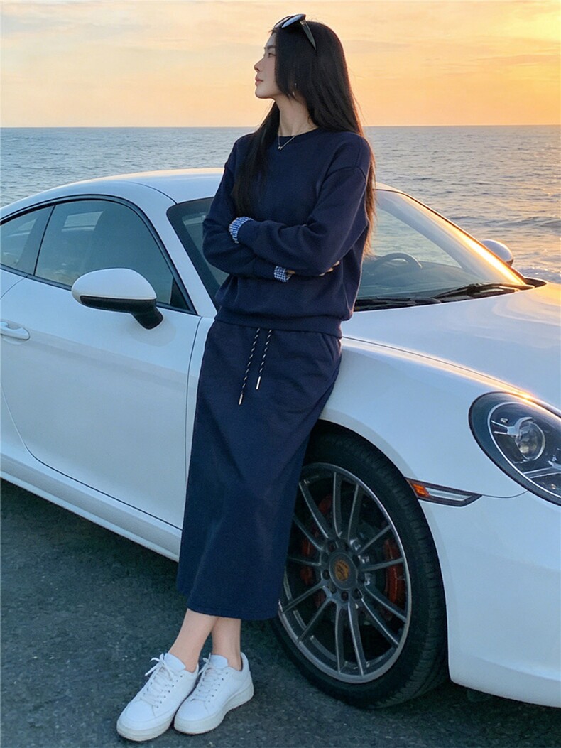 个性简约休闲时尚套装女春季袖口拼接色设计圆领卫衣半身裙两件套,女装套装/套裙,江南