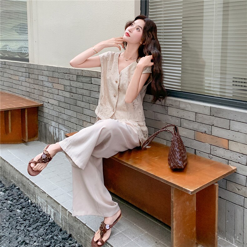 轻熟风气质套装女2026夏季薄款蕾丝上衣可拆屁帘显瘦阔腿裤两件套,女装套装/套裙,流量+