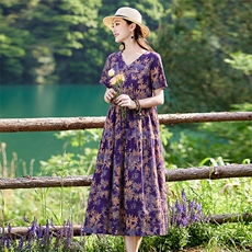 棉麻碎花连衣裙女夏季2025新款显瘦休闲气质薄款短袖V领印花裙子，女装连衣裙，倪叶myz