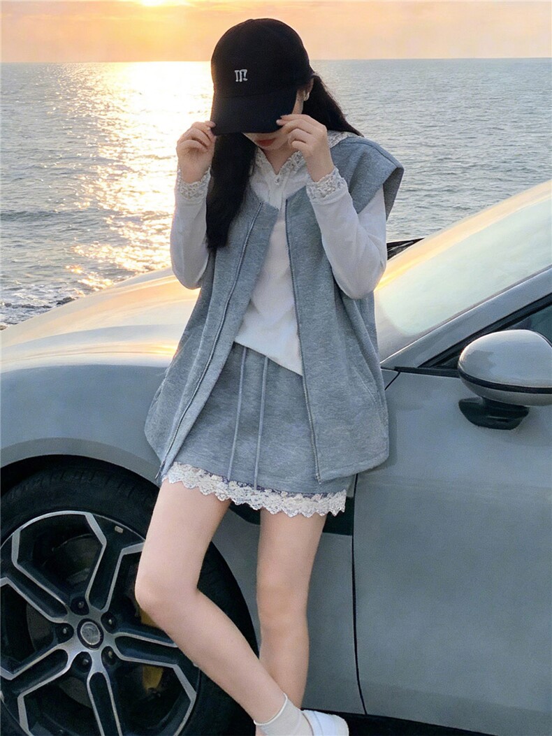 韩版时尚休闲裤裙套装女春款马甲外套连帽T恤蕾丝花边裤裙三件套,女装套装/套裙,江南