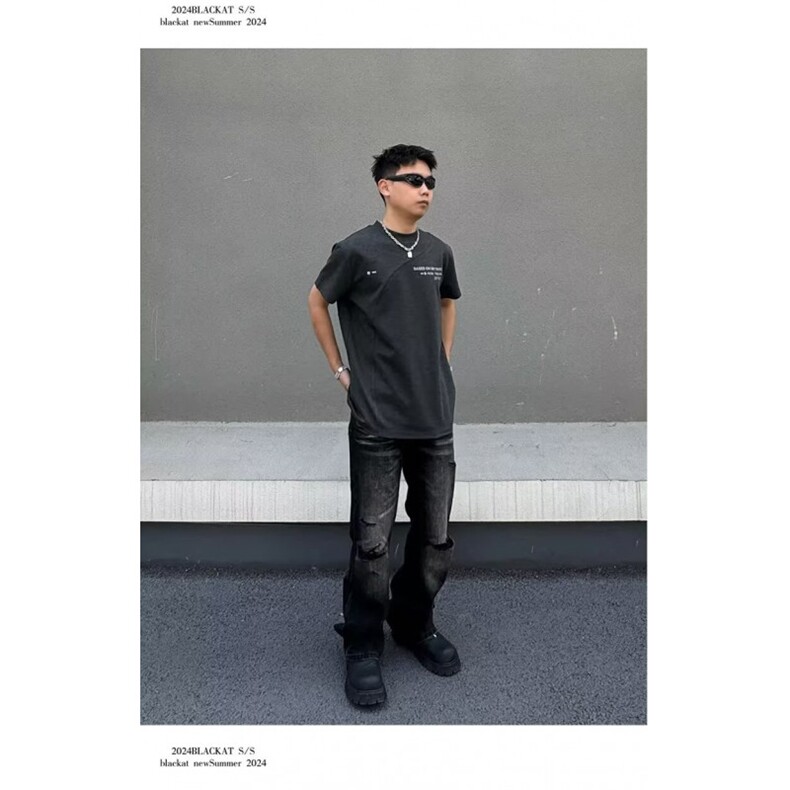 黑色个性剪裁破洞牛仔裤男款复古潮流猫须宽松直筒堆积感休闲长裤,男装牛仔裤,星座506A