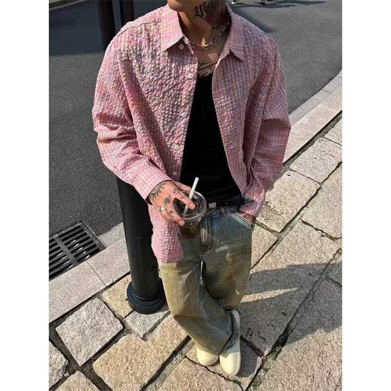 网络图!!!美式复古扎染格子长袖衬衫男高街嘻哈潮牌设计感衬衣,男装衬衫,星座1005-6