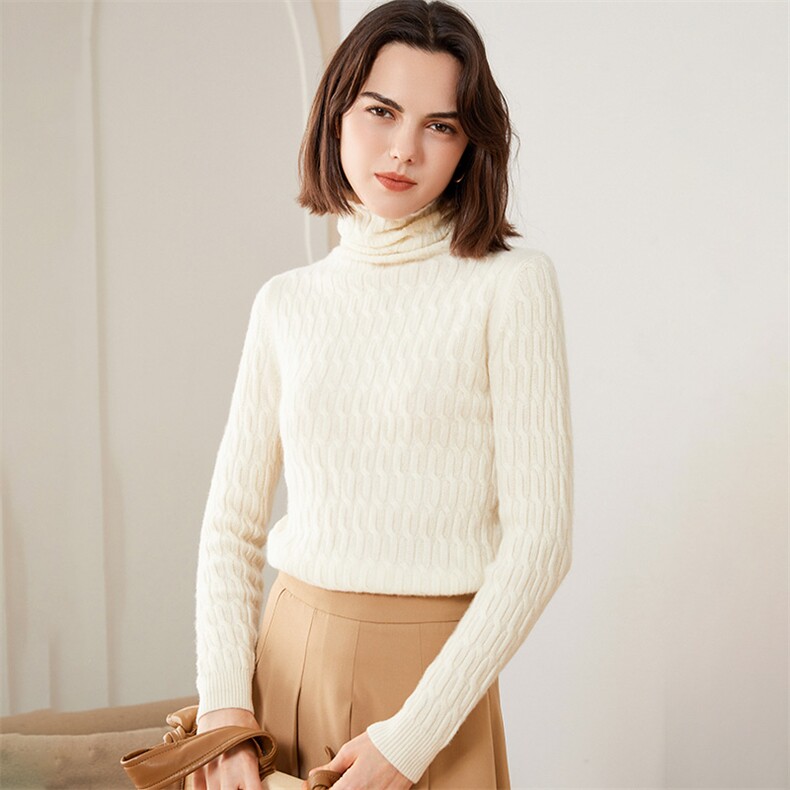 优雅女士秋冬羊绒高领复古波浪纹针织衫，女装羊绒衫，恒爱羊绒