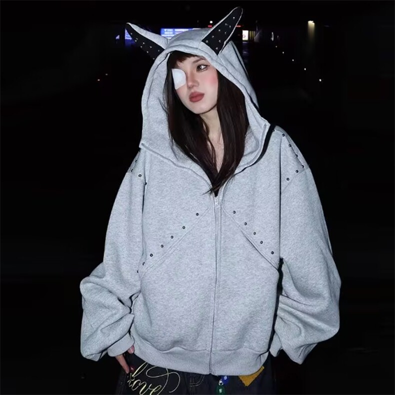 小众设计感铆钉拼接杜宾犬连帽运动衫男女宽松休闲百搭外套上衣潮,女装短外套,四季星座505