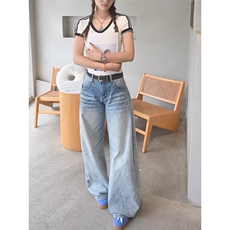 高腰宽松垂感阔腿牛仔裤女新款大码胖mm显瘦美式复古直筒拖地裤子，男装牛仔裤，星座506A