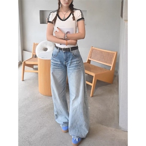 高腰宽松垂感阔腿牛仔裤女新款大码胖mm显瘦美式复古直筒拖地裤子,高帮空军一号搭配衬衫图片