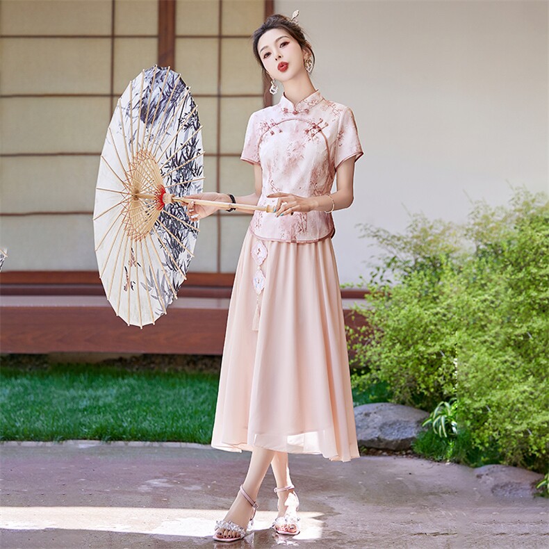 新中式改良旗袍套装连衣裙女2025夏季新款印花汉服禅意两件套裙子,女装套装/套裙,艾仟回(原伊仟回)