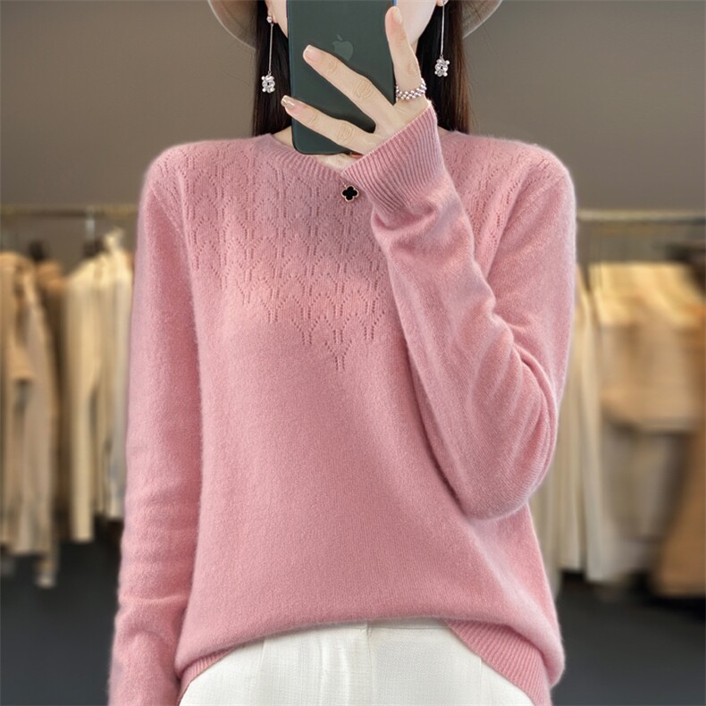 时尚设计秋冬圆领长袖针织衫打底衫内搭宽松显瘦时尚烫钻低领毛衣,女装羊毛衫,大美人高端店