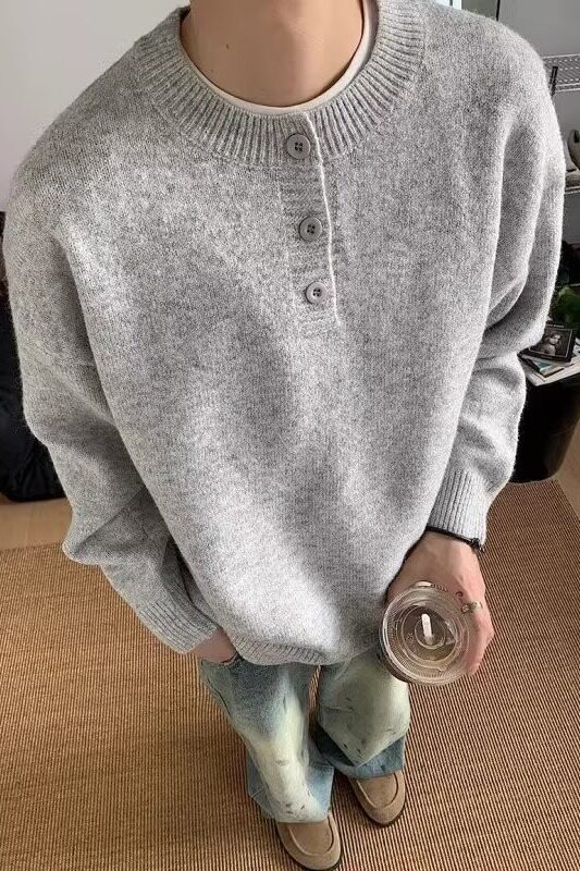 现货大码美式复古亨利领毛衣灰色针织衫慵懒外套LF527P40加绒P55,男装针织衫/毛衣,电商D256-2(原A064-2)