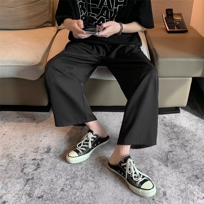 日系简约直筒裤男宽松九分阔腿裤夏季痞帅垂感冰丝休闲裤KW8,男装休闲裤,星座1116A-1（原606A）