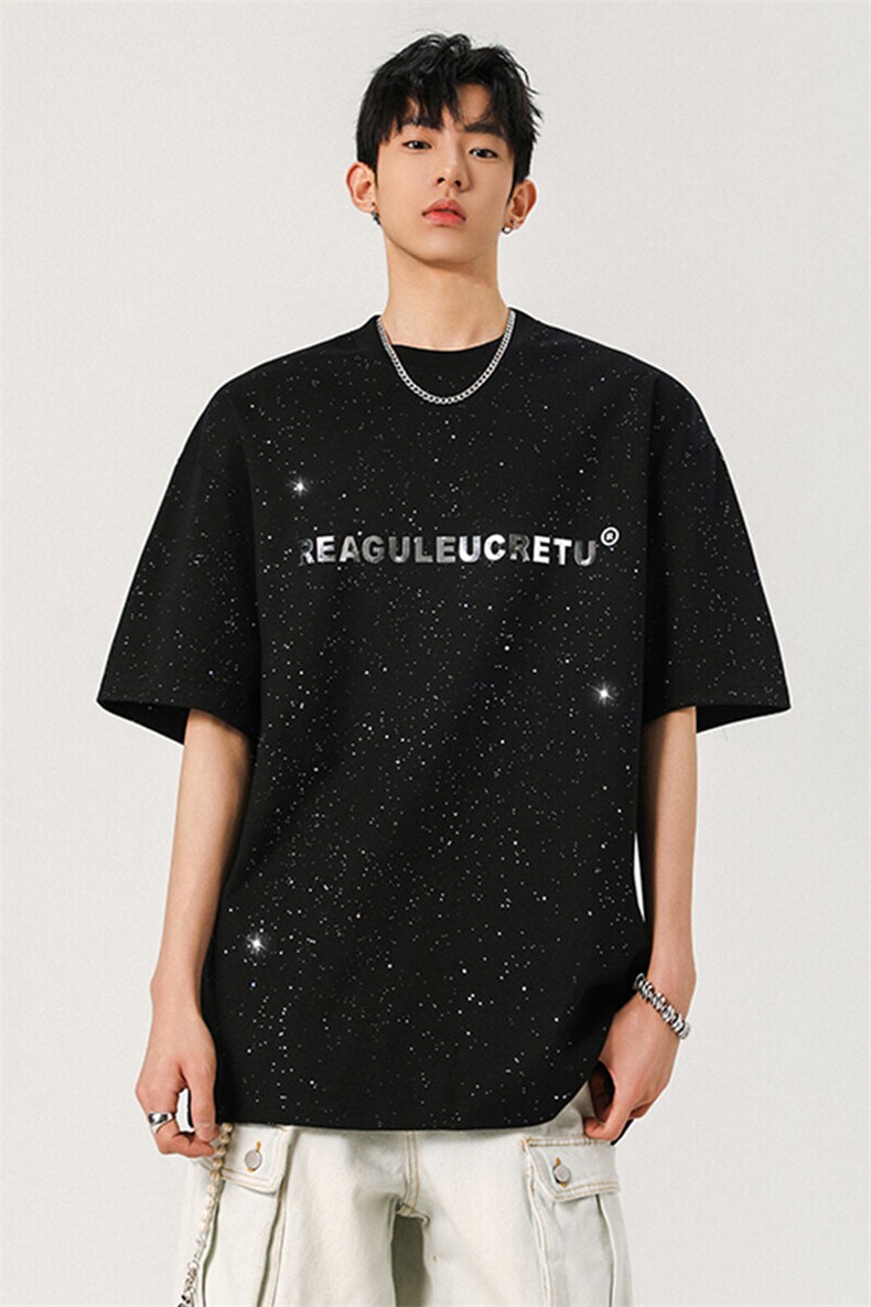 2025夏季250克高品质满天星亮片短袖金属字母设计MT9163-P33控58,男装T恤,星座508（原C305）