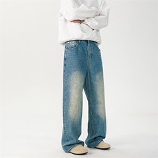 美式复古秋季男宽松直筒牛仔裤脚口磨破做旧水洗蓝牛仔裤，男装牛仔裤，星座216-1