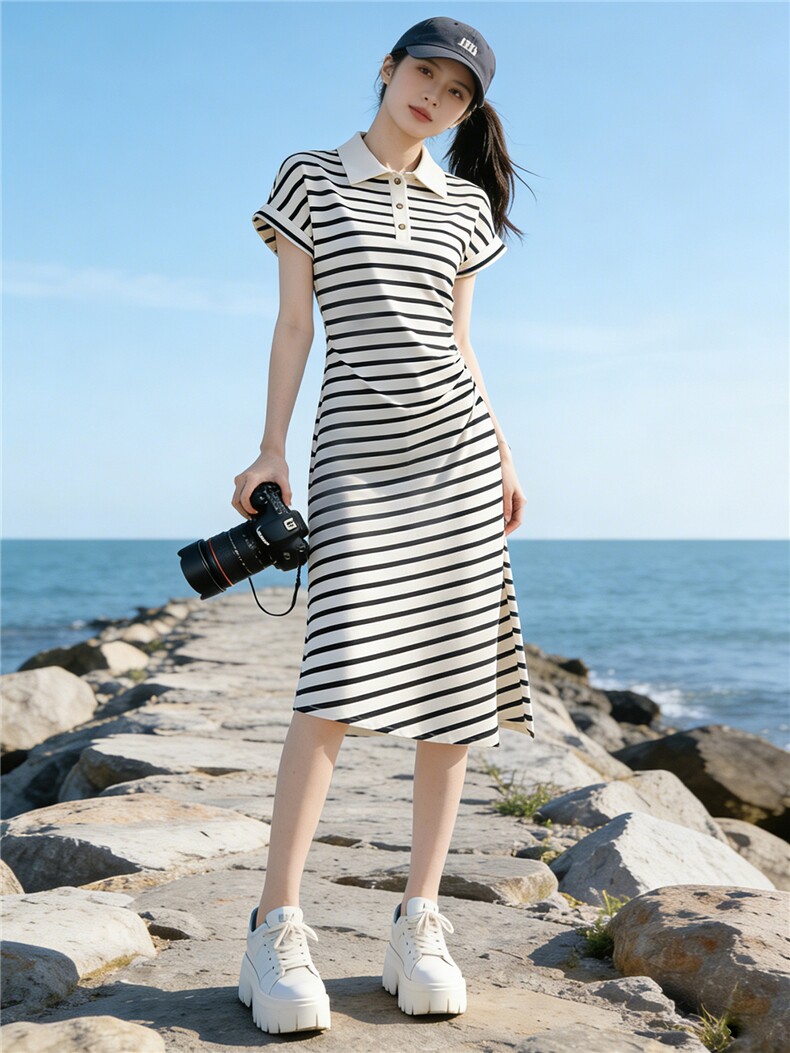 黑白条纹时尚洋气Polo领休闲连衣裙女夏新款收腰显瘦开叉中长裙子,女装套装/套裙,江南