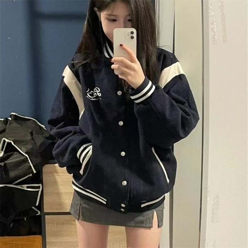 复古高级感学院风棒球服外套潮牌宽松藏蓝色休闲夹克棒球服WT6688图片