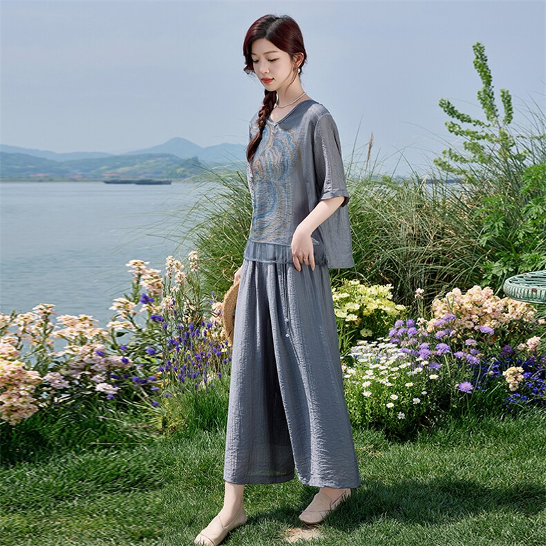 时尚气质印花棉麻套装女夏2025新款洋气减龄妈妈宽松阔腿裤两件套,女装套装/套裙,涵墨