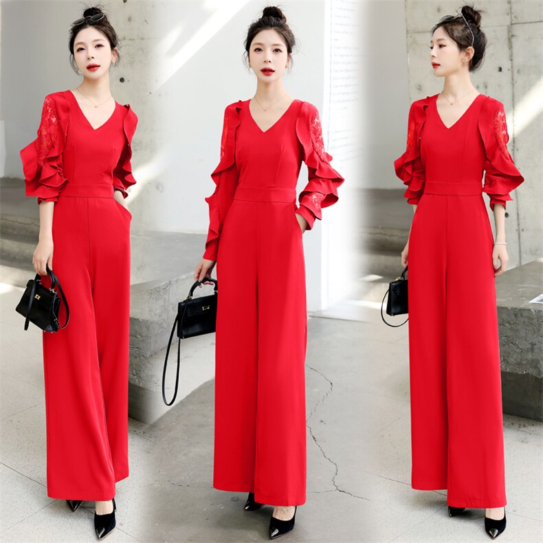 2024年春装女时尚减龄百搭大气潮流修身显瘦直筒裤拼接蕾丝连体裤，女装连体裤，韩美纤衣