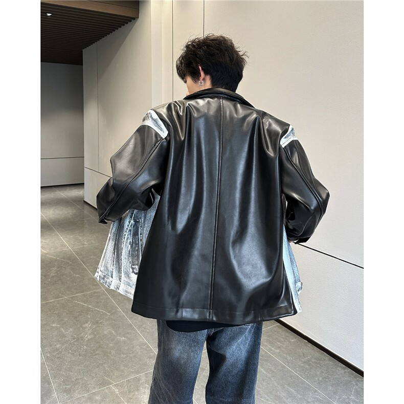 美式街头复古拼接手绘牛仔pu皮垫肩夹克外套痞帅上衣W6718-P75,男装皮衣,星座412-3