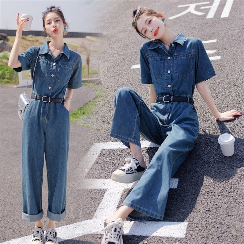 袖工装牛仔连体裤女2025夏季新款显高显瘦遮肉阔腿薄款连衣长裤,女装连体裤,新思路