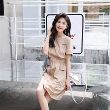 2021夏季连衣裙流行装仙的裙子松紧腰拼接连衣裙收腰显瘦中长裙，女装连衣裙，辉之琳