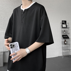8XL-M重磅斜纹假两件短袖t恤男夏季薄款宽松大码半袖体恤DT006P45图片