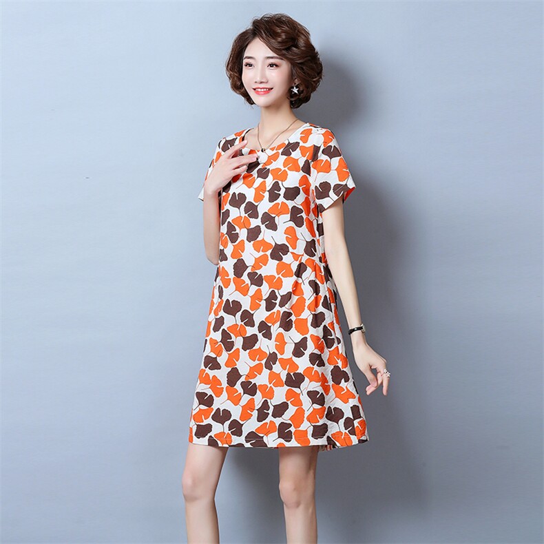 2021年夏季圆领纯色宽松腰时尚印花短袖简约百搭淑女中长款，女装连衣裙，独衣靓