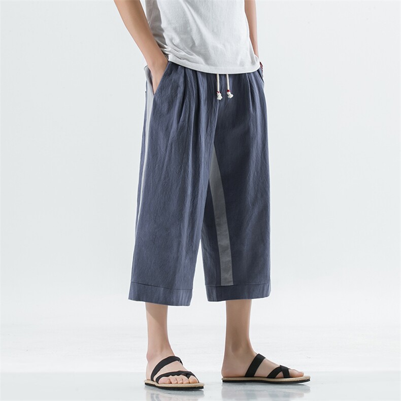2022夏季新款棉麻直筒流行棉麻大码抽绳男士七分裤图片