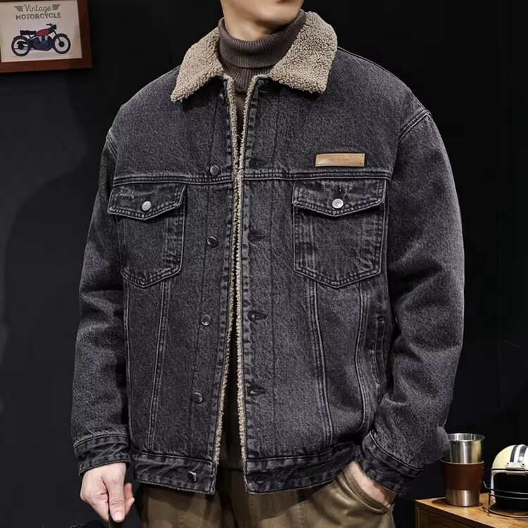 冬季翻领仿羊羔绒棉衣外套男2025新款加厚保暖工装牛仔夹克棉服潮，男装夹克，星座218-8