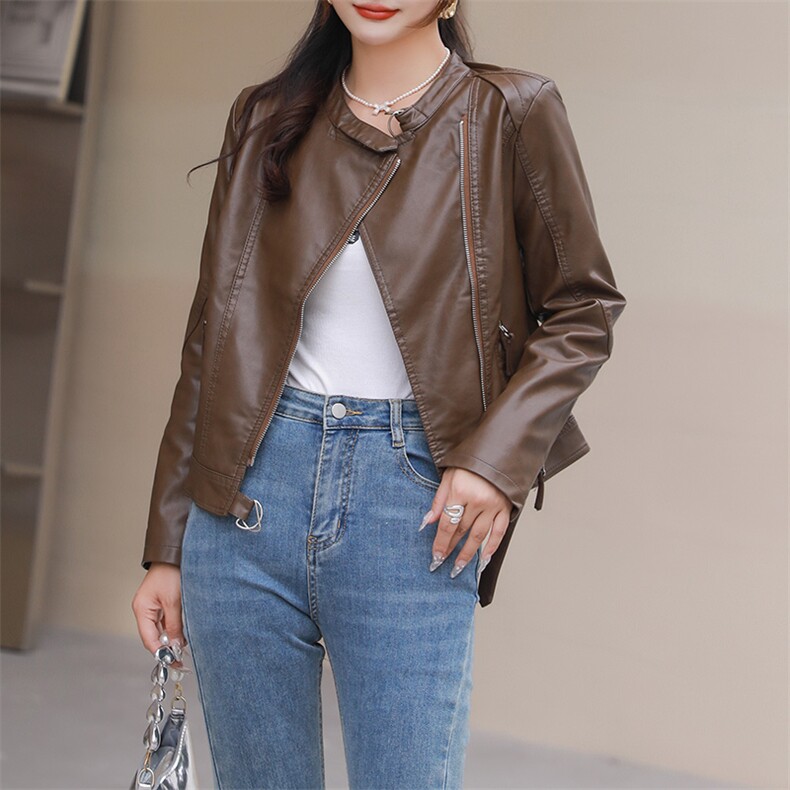 2023新款欧货高级款春秋皮衣外套女士短款高腰咖色机车pu皮夹克,女装皮衣,江南女神