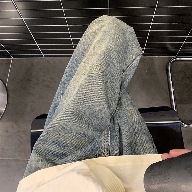 破洞牛仔裤男夏季阔腿裤潮牌美式高街宽松直筒垂感裤子WH29-P40,男装牛仔裤,星座1008-2