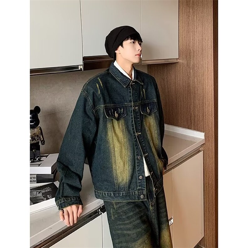 美式复古牛仔套装男春季新款潮男穿搭全身水洗做旧休闲时尚两件套,男装休闲套装,星座716-3