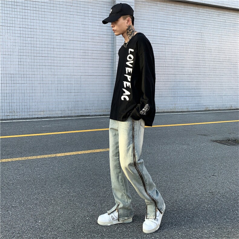 浅色水洗做旧拉链牛仔裤弹性直筒宽松长裤男N02833-P60,男装牛仔裤,星座308B-1