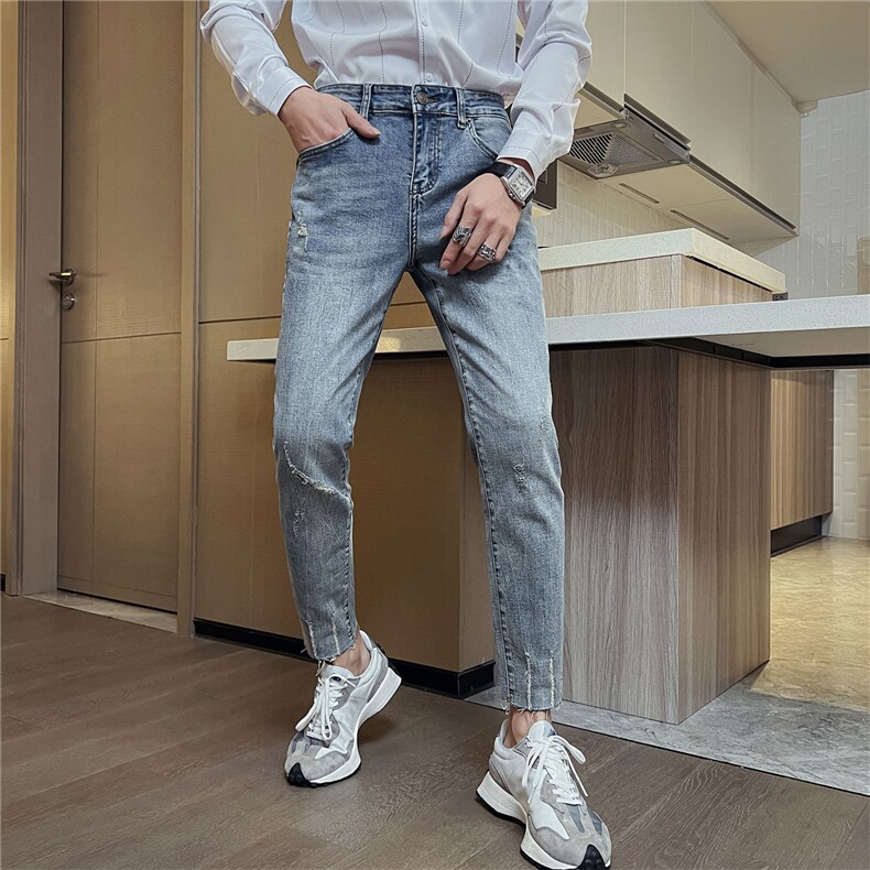 B230新款时尚复古怀旧浅蓝色切边修身小脚牛仔裤男长期款9221P85,男装牛仔裤,电商B230