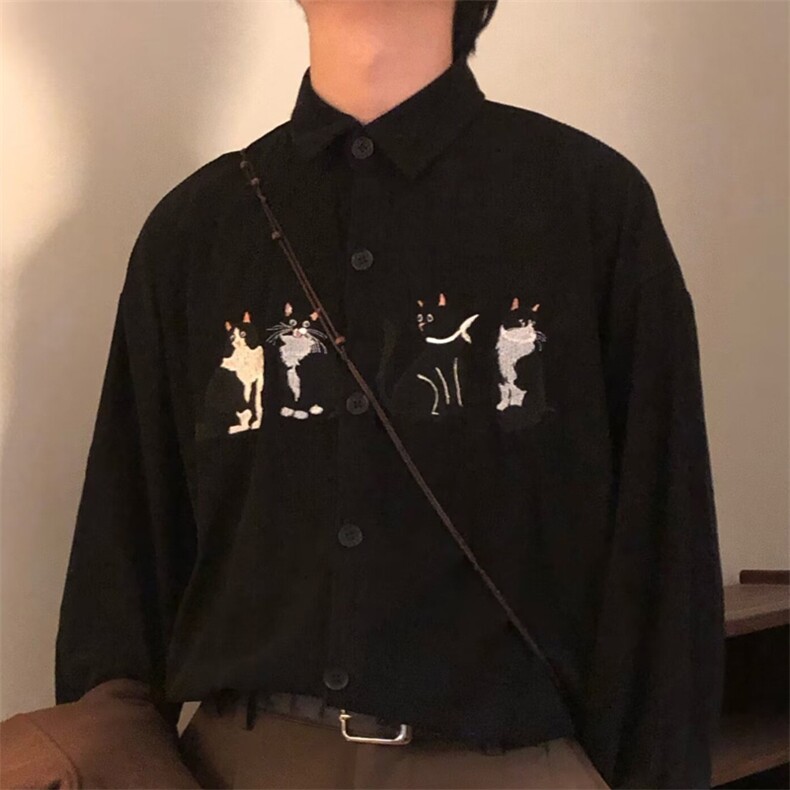 26春美式复古条纹翻领衬衫猫咪刺绣灯芯绒长袖衬衣宽松CS918-P55，男装衬衫，星座716A（原星座815-4）