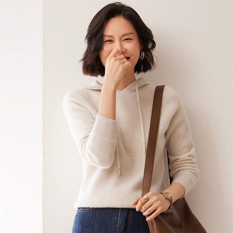 2025秋冬新款35%山羊绒女士12针元宝针羊绒帽衫,女装羊绒衫,拓驰羊绒