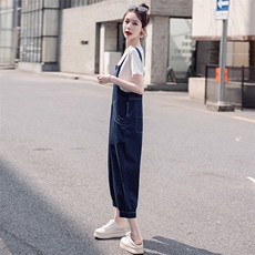 Lusam阔腿牛仔吊带裤女2025夏季新款韩版宽松小个子背带裤两件套，女装套装/套裙，慧尚依恋