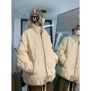 复古菱形格立领保暖棉衣男女冬季加厚简约宽松情侣棉服外套ins潮图片