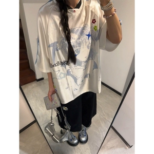 美式复古卡通少女球衣短袖T恤夏季宽松拼接休闲辣妹上衣TXB116图片