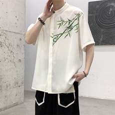 夏装新中式小众明星同款竹子冰丝印花短袖衬衫男女大码长袖衬衣，男装T恤，星座909