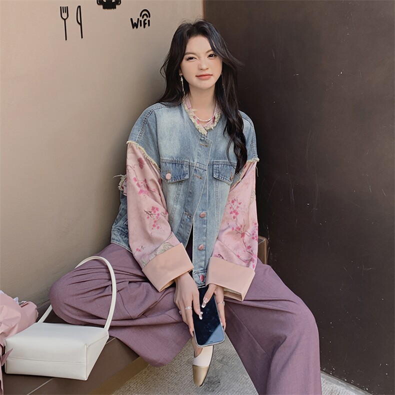 新中式撞色提花牛仔外套女2025春季新款小个子国风复古拼接短夹克,女装短外套,浙宝220