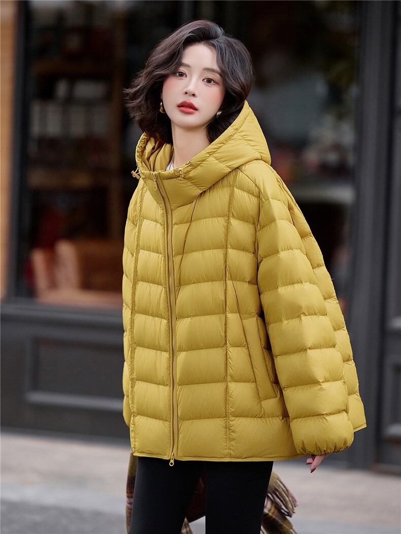 现货新款黄色排骨款泡芙白鸭绒羽绒服女宽松连帽加厚冬装外套,女装羽绒服,梦懿尔