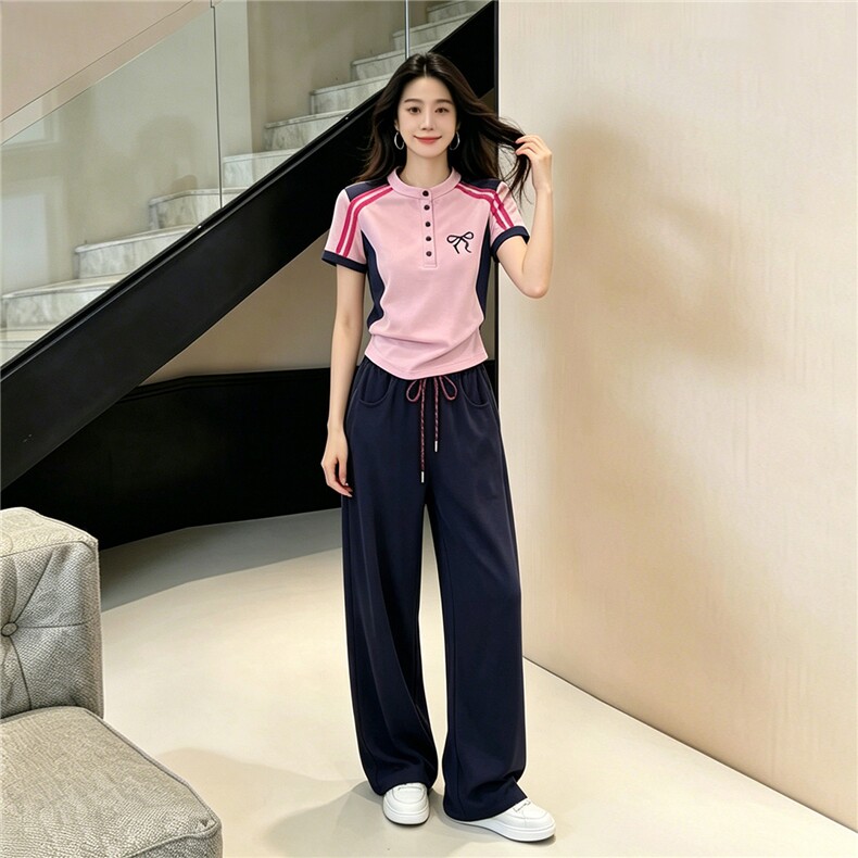 设计款时尚休闲套装女夏款简约百搭条纹拼接短袖上衣阔腿裤两件套,女装套装/套裙,江南