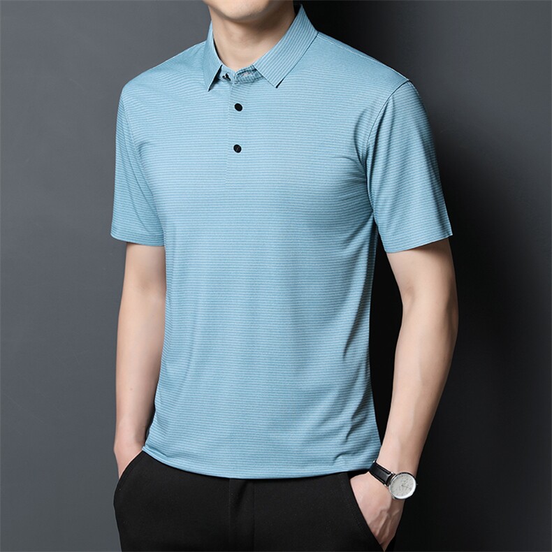 新款男装中年翻领带扣polo衫短袖上衣商务休闲宽松男条纹半袖P55,男装T恤,钱塘6003A(原)4033A