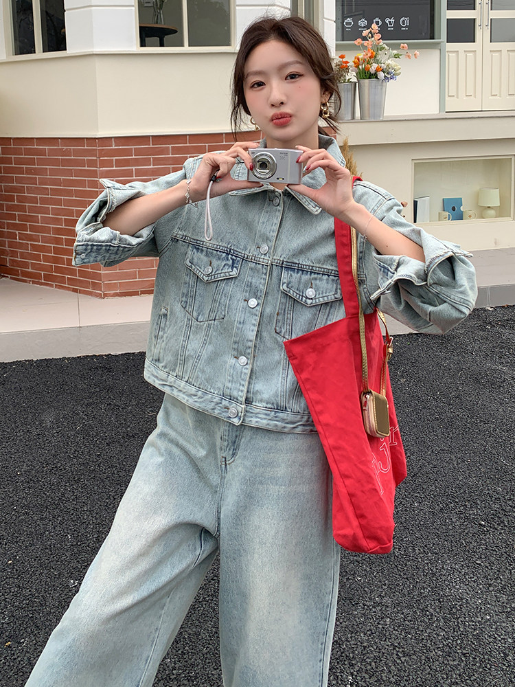 浅蓝色复古牛仔套装女2025春新款甜酷风时尚外套七分阔腿裤两件套,女装套装/套裙,浙宝305