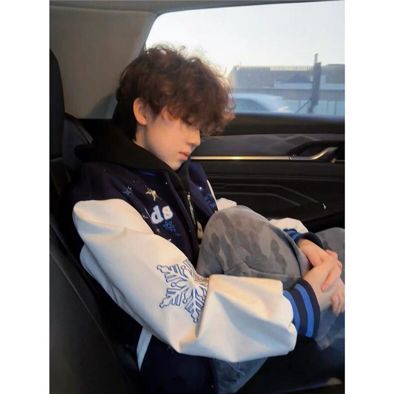 慵懒潮牌刺绣棒球服男新款魔术贴夹克拼接PU皮落肩外套宽松新款,男装夹克,星座506A